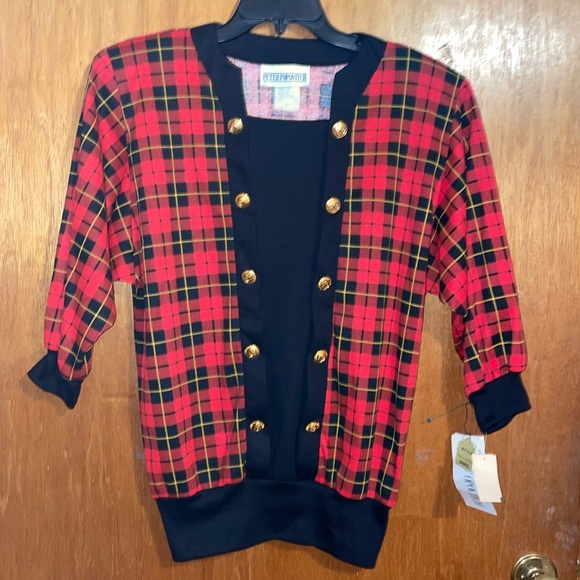 •PETER POPOVITCH•NWT VINTAGE BUFFALO PLAID GOLD BUTTON 3/4 SLEEVE BLOUSE SMALL - Picture 5 of 10